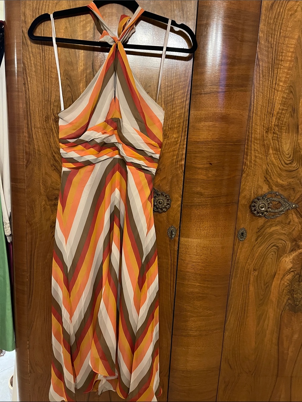 BCBGMaxAzria Silk Striped Halter Sun Dress in Orange, Coral, Tan & Cream Size 6P